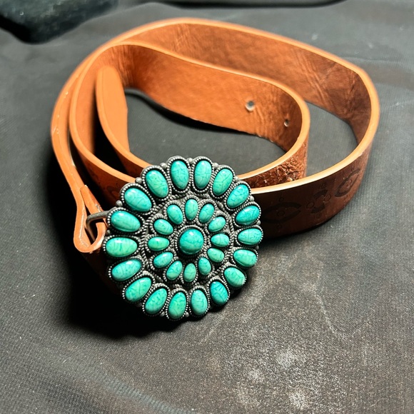 Source Unknown Accessories - Blue and Brown Pleather  Belt with Turquoise Buckle. Unbranded